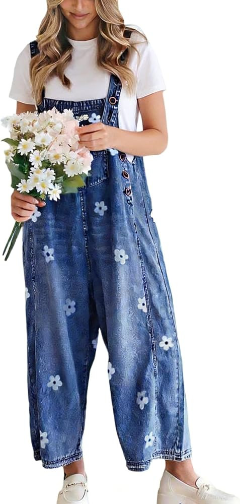 utcoco Women Floral Printed Adjustable Strap Denim Bib Overall Wide Leg Jeans Casual Baggy Overal... | Amazon (US)