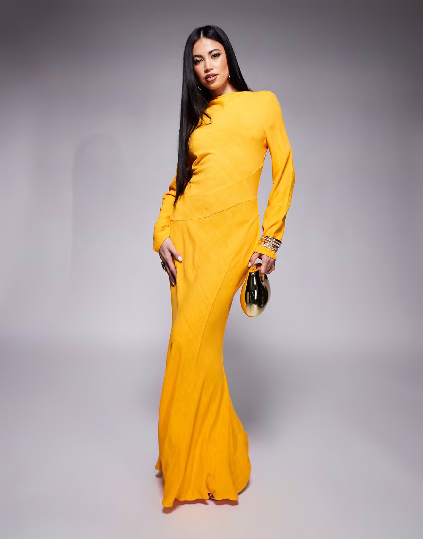 ASOS DESIGN – Hochgeschlossenes Maxikleid aus Leinen in Orange mit Ziernähten | ASOS (Global)