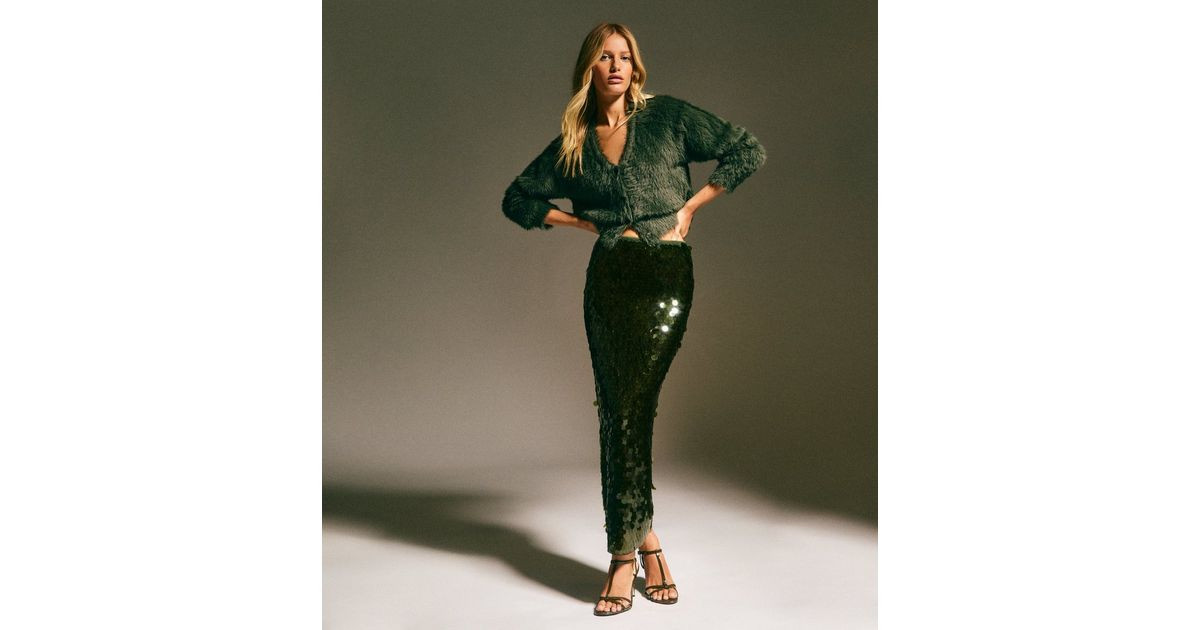 Khaki Sequin Midi Skirt | New Look | New Look (UK)