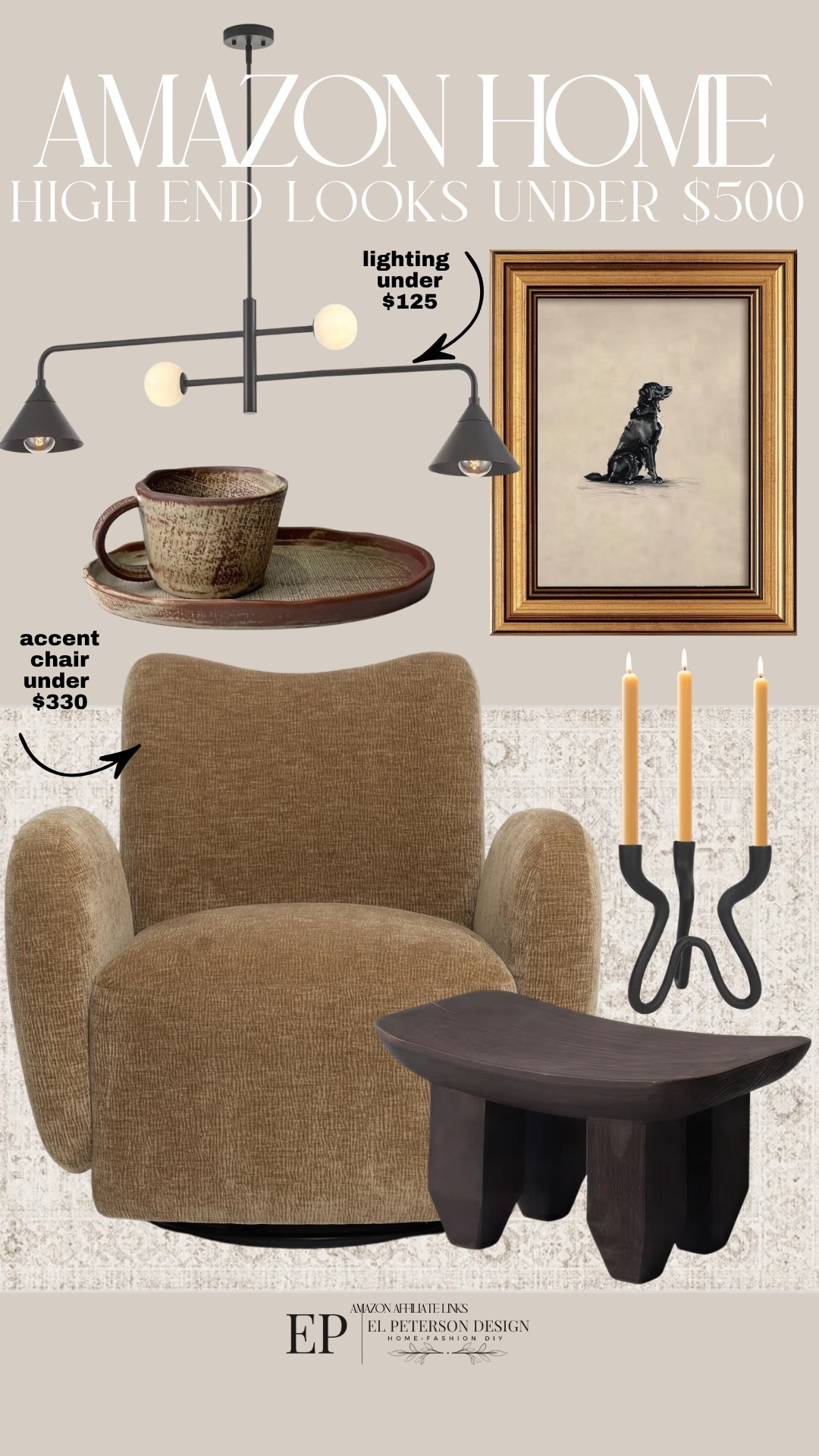 Amazon
Accent chair
Chandelier 
Rug
Candle holder
Artwork
Table

#LTKHome