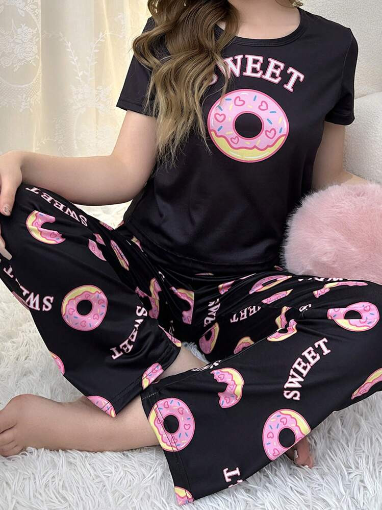 SHEIN Cartoon Doughnut Printed Short Sleeve And Long Pants Pajama Set For Spring/Summer | SHEIN