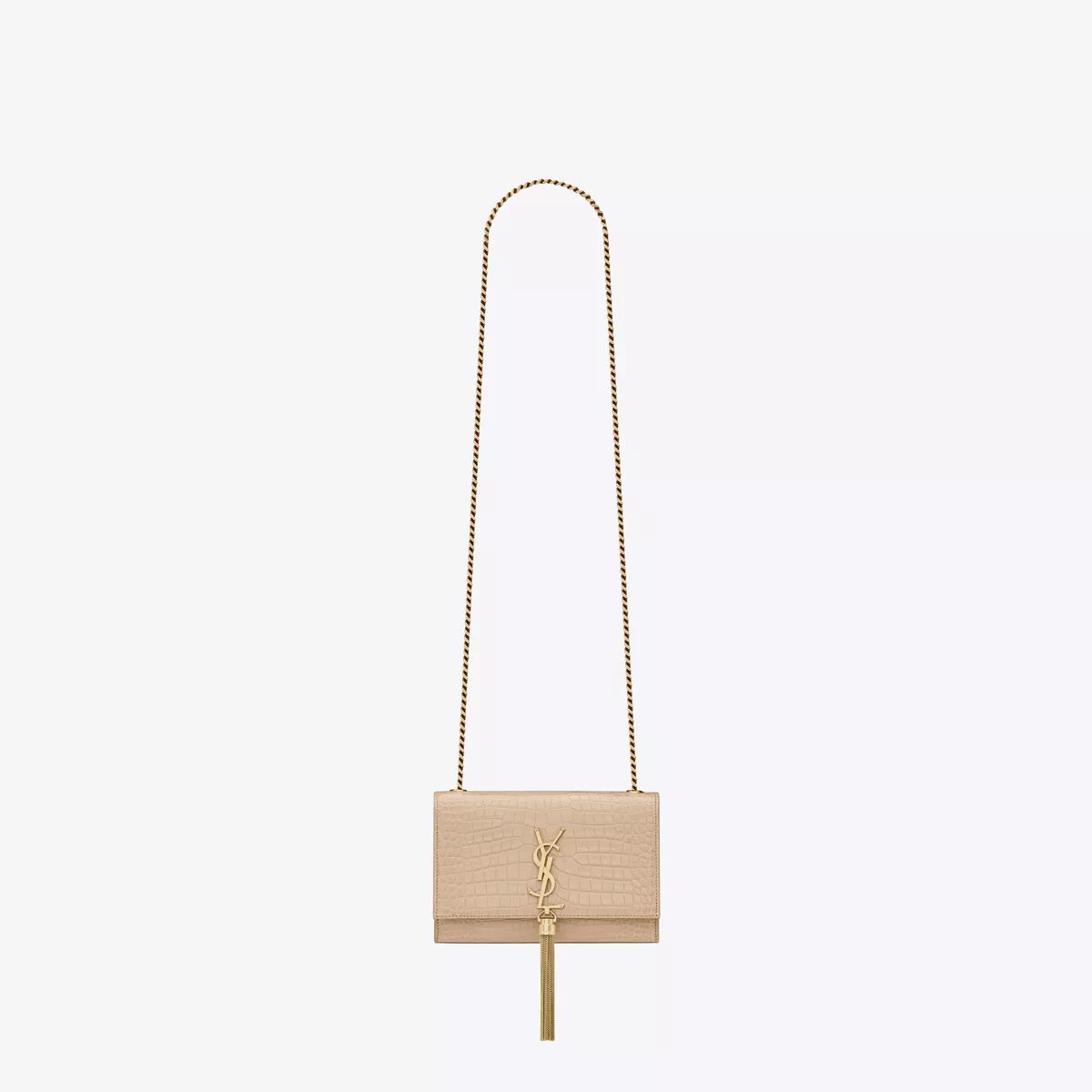 Kate Small Chain Bag With Tassel In Crocodile-Embossed Shiny Leather Beige One Size | Saint Laurent Inc. (Global)