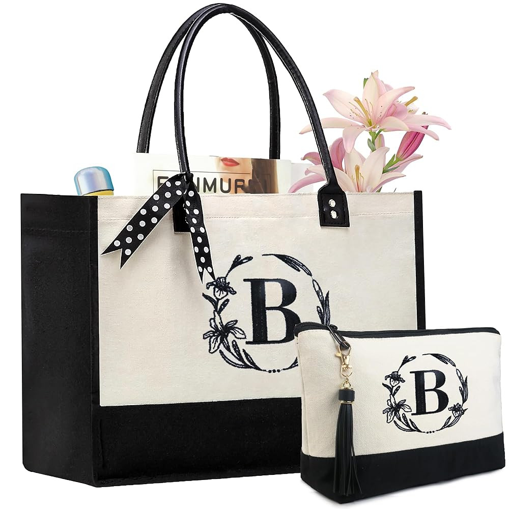 BeeGreen Personalized Gift for Women Initial Monogram Tote Bag for Mother Friends with Inner Zipp... | Amazon (US)