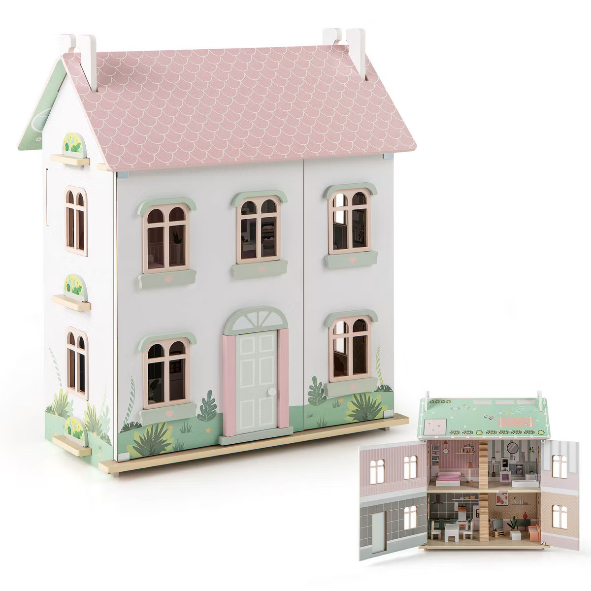 Costway Kids Wooden Dollhouse with Double-Sided Roofs & Openable Doors Rich Furniture | Target