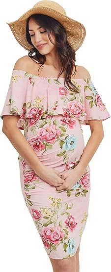 Hello MIZ Women's Floral Ruffle Off Shoulder Maternity Dress - Made in USA | Amazon (US)