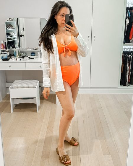 Babymoon ready in this coral/orange maternity bikini. Love that it’s high waisted for some coverage. Paired with Sam Edelman sandals and an oversized white coverup shirt. End of summer vacation 

#LTKbump #LTKswim #LTKtravel