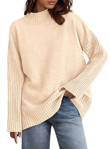 PRETTYGARDEN Casual Long Sleeve Oversized Sweaters for Women 2025 Loose Mock Neck Pullover Sweater Ribbed Knit Fall Clothes (Beige,Medium) | Amazon (US)