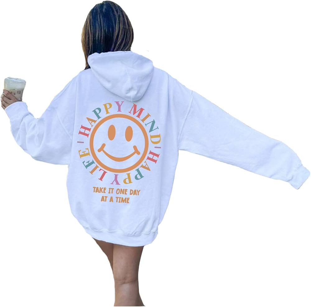 Happy Mind Happy Life Aesthetic Hoodie, Aesthetic Clothing, Positive Hoodie Words On Back, Hoodie... | Amazon (US)