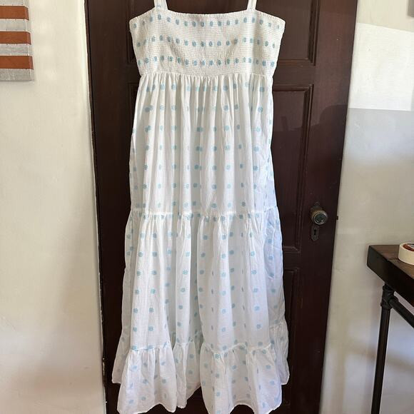 ZARA | White Cotton Tiered Blue Embroidered Daisy Smocked Prairie Dress | XL | Poshmark