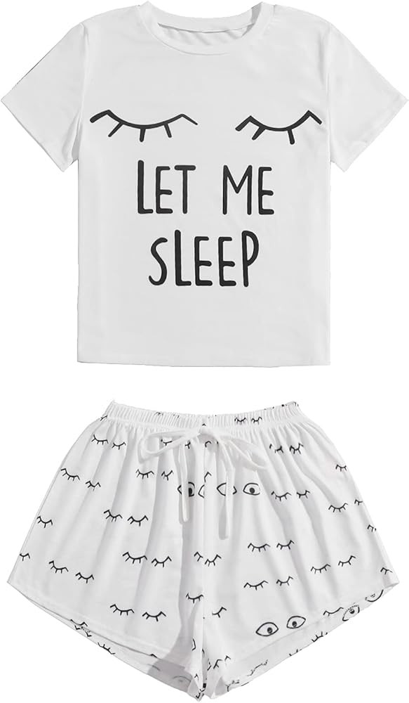 WDIRARA Women's Cute Cartoon Print Closed Eyes Print Tee and Shorts Pajama Set | Amazon (US)