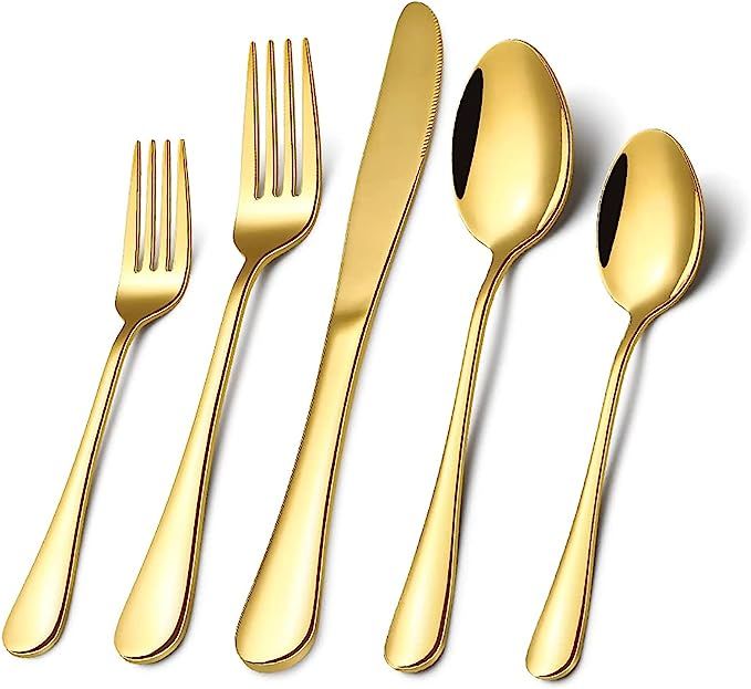 Gold Silverware Flatware Set for 8, 40 Piece Stainless Steel Cutlery Set With Titanium Golden Pla... | Amazon (US)