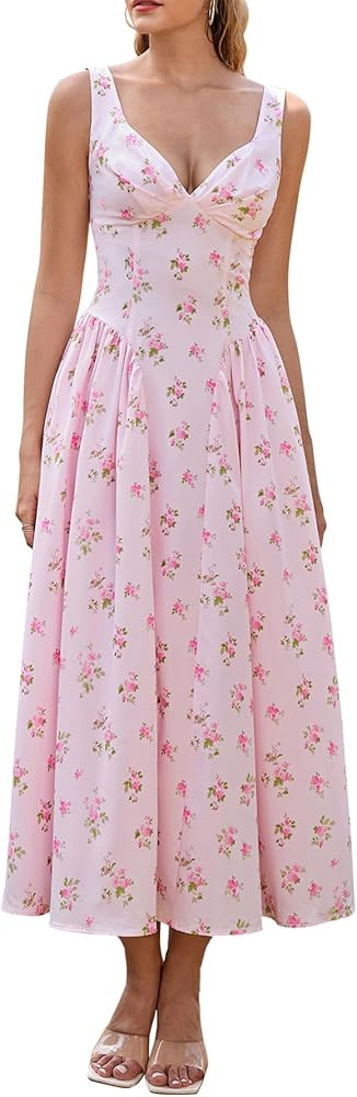Auraxe Floral Corset Midi Dress V Neck Flowy Milkmaid Sundress Long Beach Wedding Guest Dresses f... | Amazon (US)