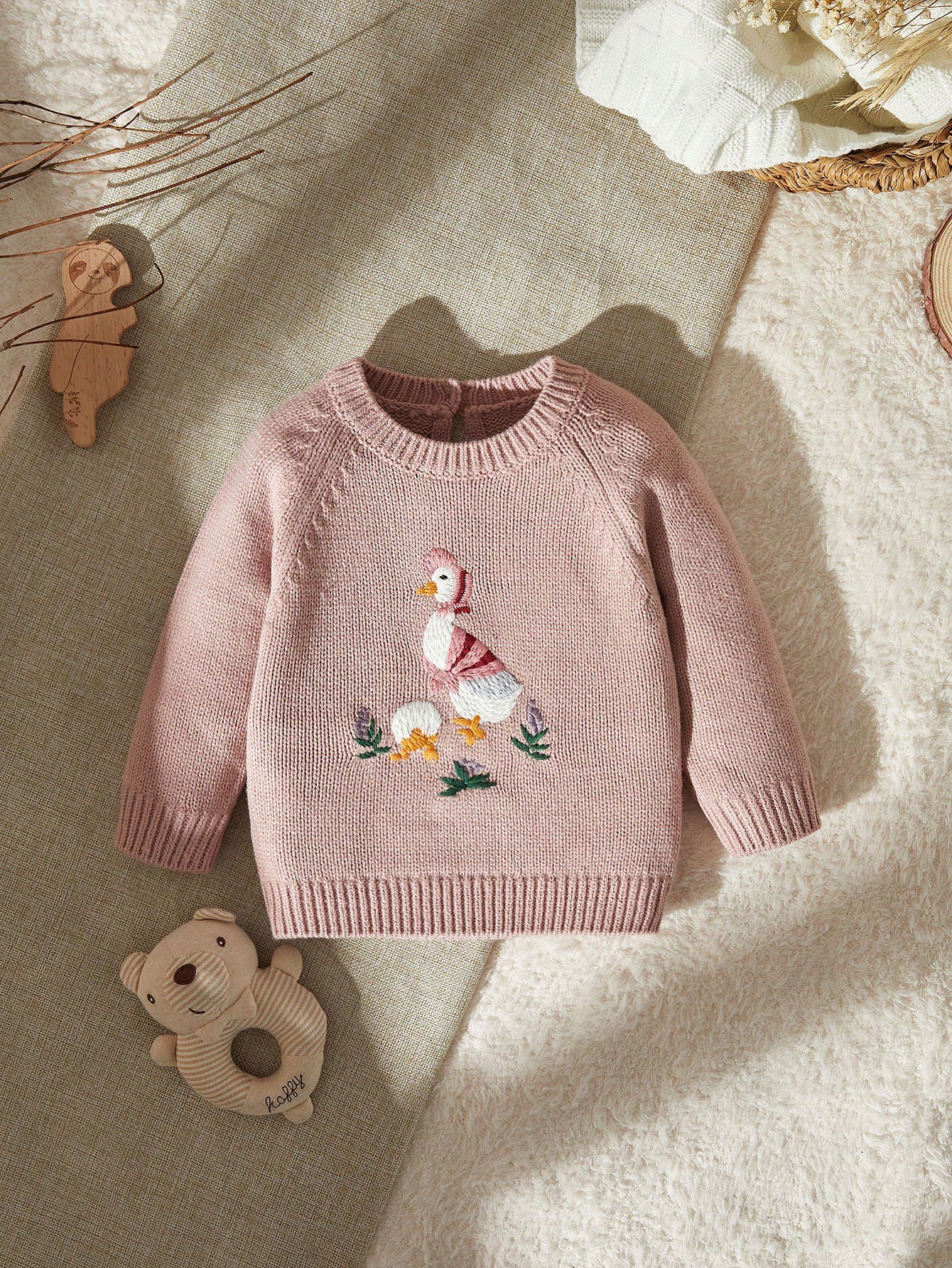 SHEIN Vintaside Kids 1pc Casual Pink Baby Girls' Sweater With Cute Duck Embroidery And Hat, Inner... | SHEIN
