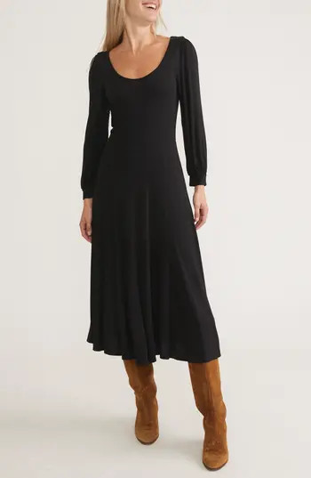Marine Layer Lexi Long Sleeve Fit & Flare Midi Dress in Black at Nordstrom Rack, Size X-Large | Nordstrom Rack