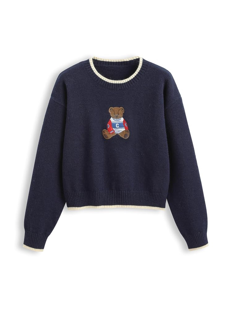 CIDER Women's Fall Sweaters Long Sleeve Cute Sweaters Bear Graphic Crewneck Soft Knit Casual Crop... | Amazon (US)