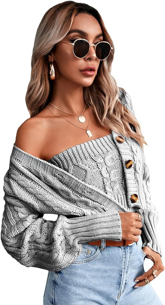 Romwe Women's Loose Long Sleeve Knit Button Down Cardigan Sweaters 2 Pieces Sweatshirt Pullove Crop  | Amazon (US)