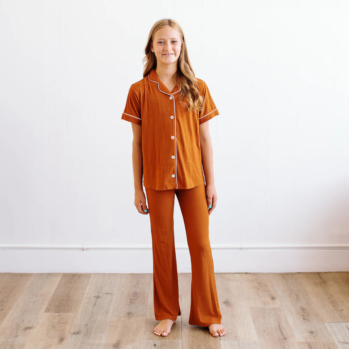 Rust Ribbed Girls Flare Lounge Set | Little Pajama Co.