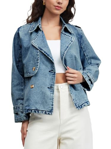 EZAPINE Denim Jacket for Women Lapel Double Breasted Oversized Jean Jacket Fall Casual Trendy Trench Coat with Pockets | Amazon (US)