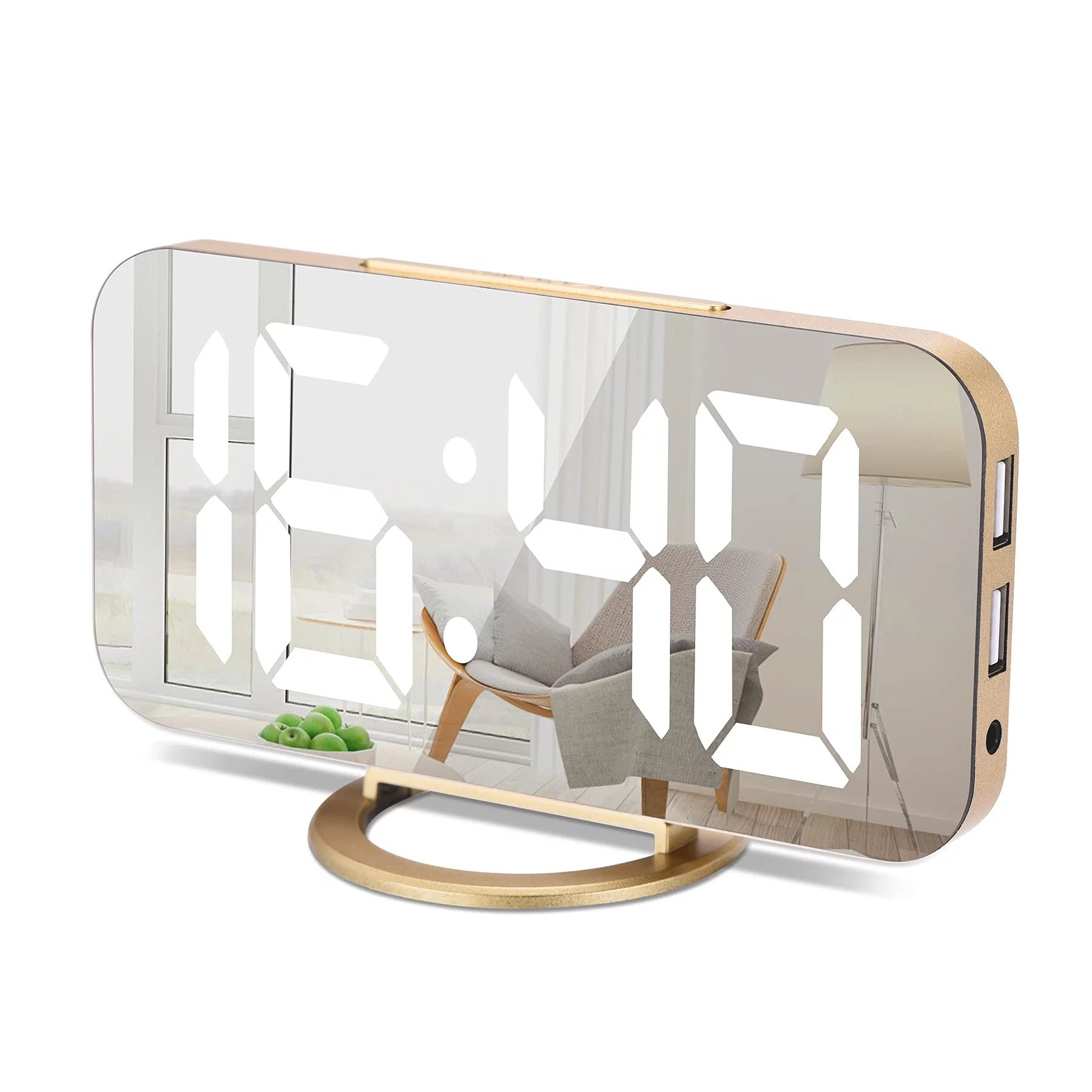 Digital Alarm Clock，6.6" Large Mirrored LED Clock Modern Mirror Desk Wall Clock with Dual USB C... | Walmart (US)