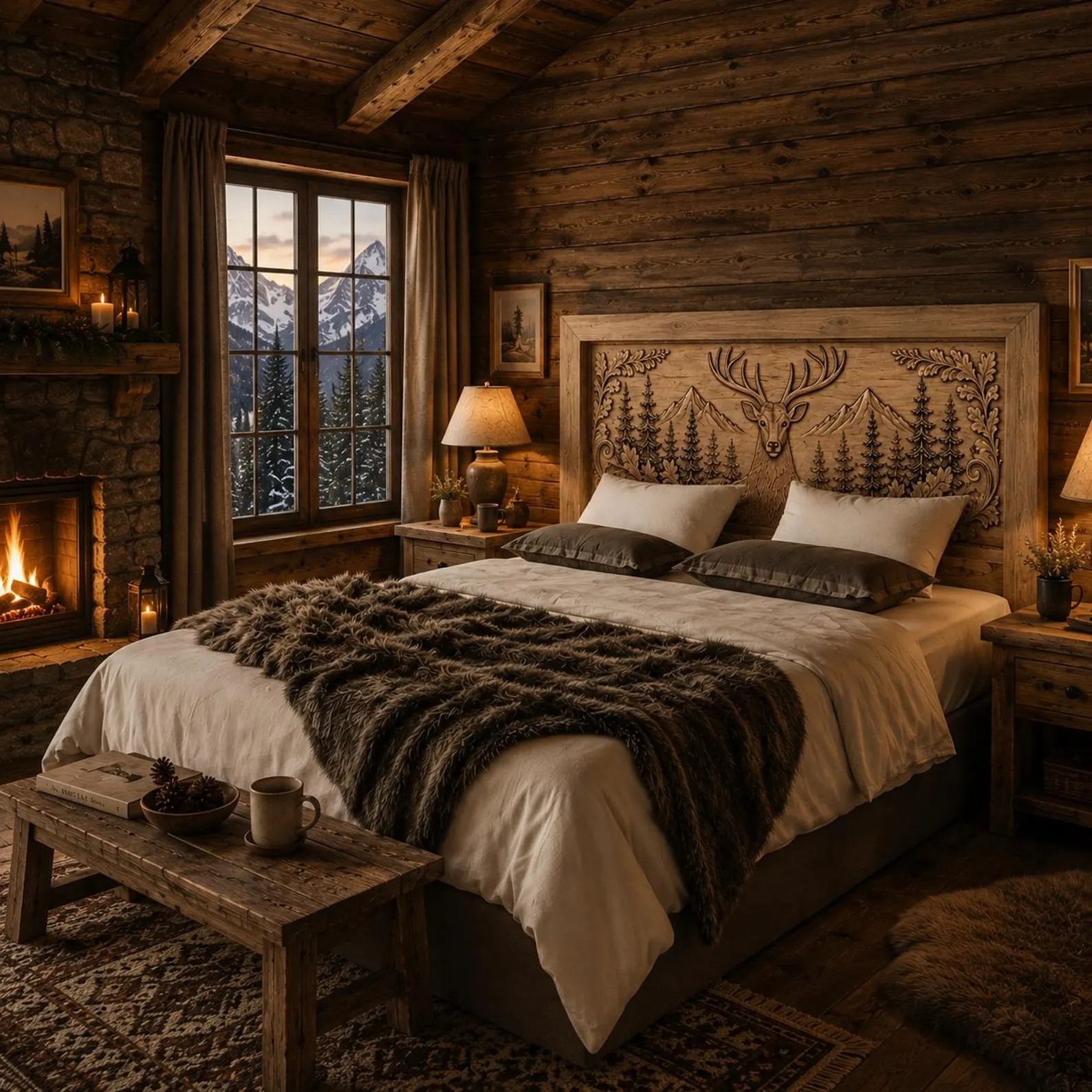 Carved Deer Headboard | Rustic Wooden Bed | Custom Cabin Furniture | Nature Inspired Decor | Etsy (Global)
