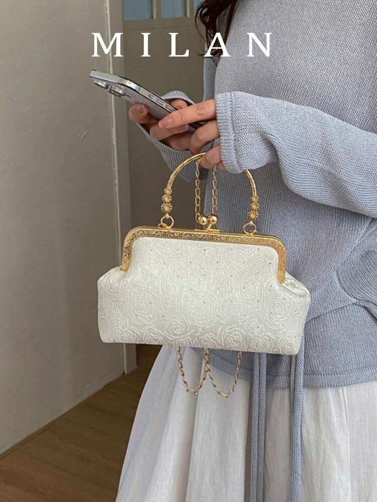 2026 Summer New Flower Beaded Cloud Pleated Shell Handbag, Minimalist Women's Clip Closure Chain Shoulder Crossbody Bag | SHEIN