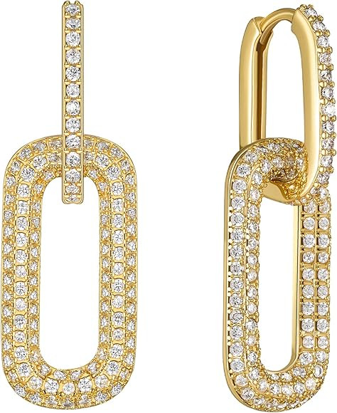 SWEETV 14K Gold Convertible Paperclip Earrings for Women, Cubic Zirconia Dainty Link Huggie Hoop ... | Amazon (US)
