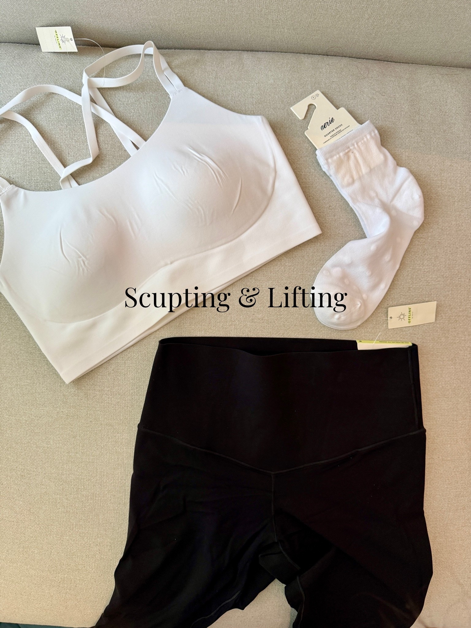 Booty lifting leggings that hold in and hide your tummy, sculpting and lifting lined sports bra, and the cutest mesh polka dot socks 🖤
A great outfit haul from @Aerie 

I was skeptical about the strategic compression panels in these leggings, but my jaw dropped when I tried them on! I look and feel incredible in this set 🥰￼￼

#LTKootd #LTKActive #LTKSaleAlert