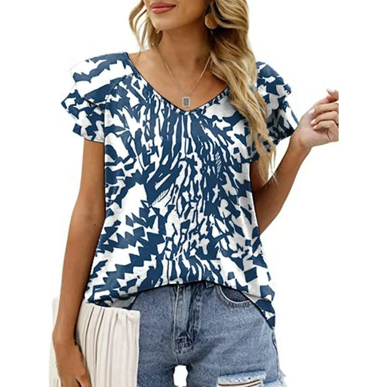 Mengpipi Womens Tops Summer Double Ruffle Short Sleeve V-Neck Casual Blouses, White Blue-L(US 12-... | Walmart (US)