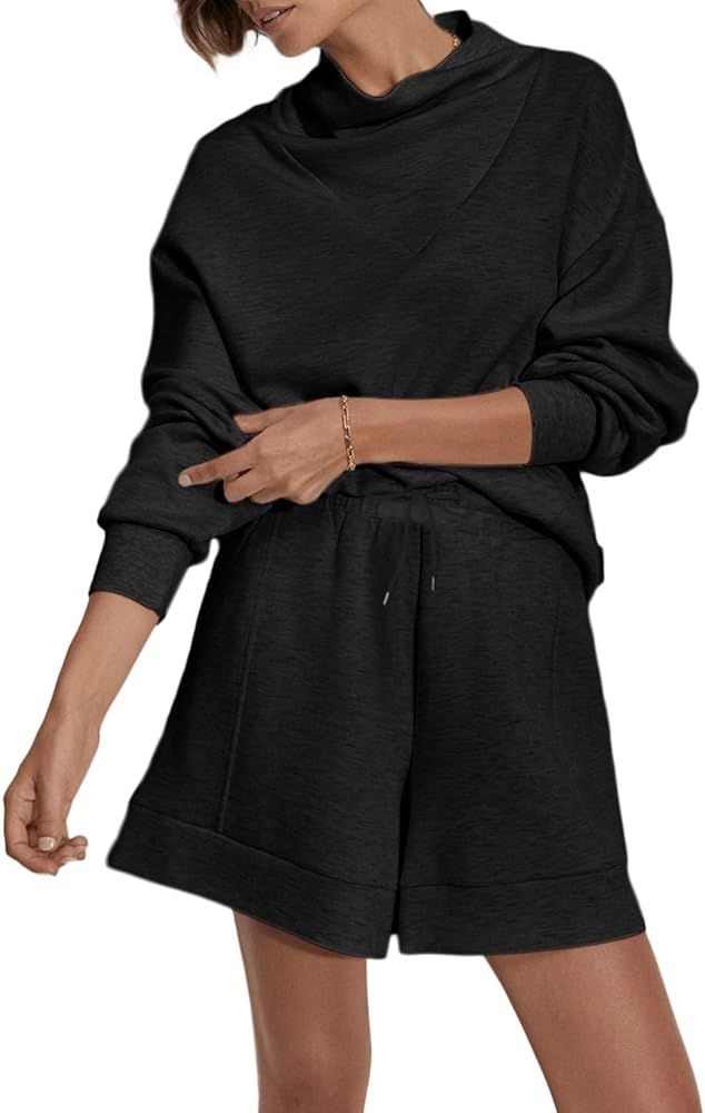 Herseas Women's 2 Piece Outfits Cowl Neck Sweatshirts & Shorts Sweatsuit Lounge Sets | Amazon (US)