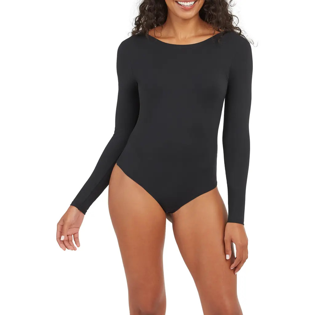 SPANX® Suit Yourself Long Sleeve Scoop Neck Bodysuit in Classic Black at Nordstrom, Size Small | Nordstrom