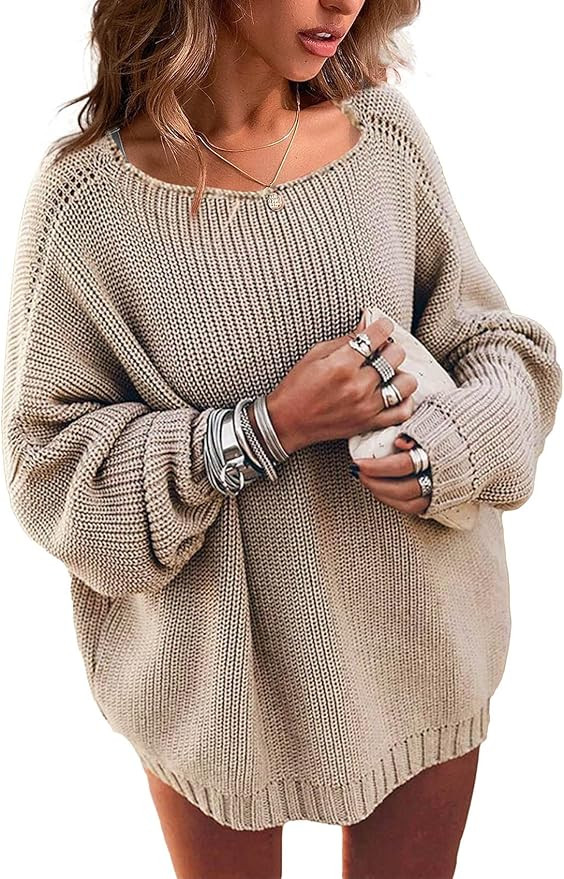 Pretifeel Womens Oversized Crewneck Sweater Knitted Casual Long Sleeve Chunky Fall Winter Solid P... | Amazon (US)