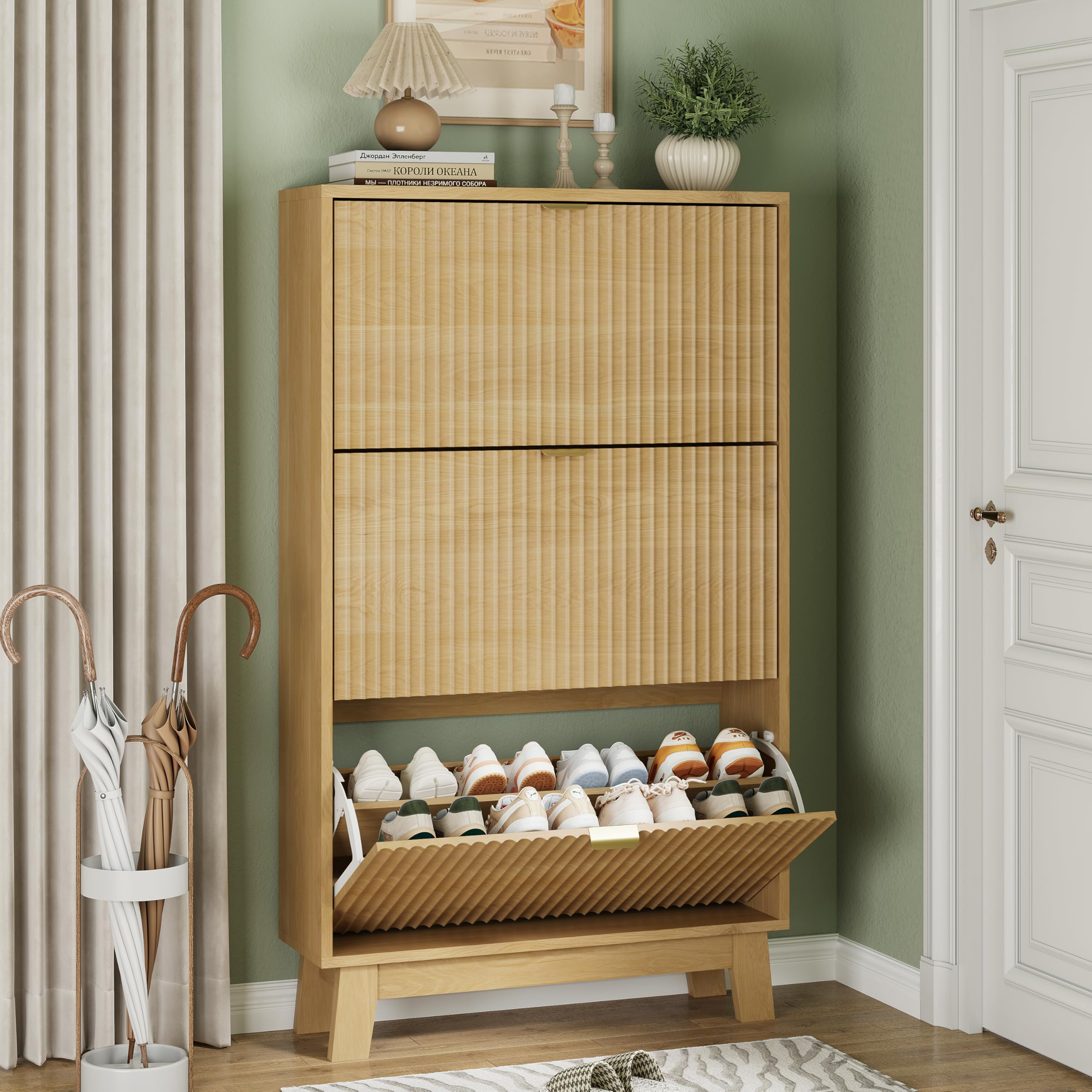 Shoe Cabinet with 3 Flip Drawers, 54" Tall Narrow Fluted Shoe Storage Organizer for Entryway, Hid... | Amazon (US)