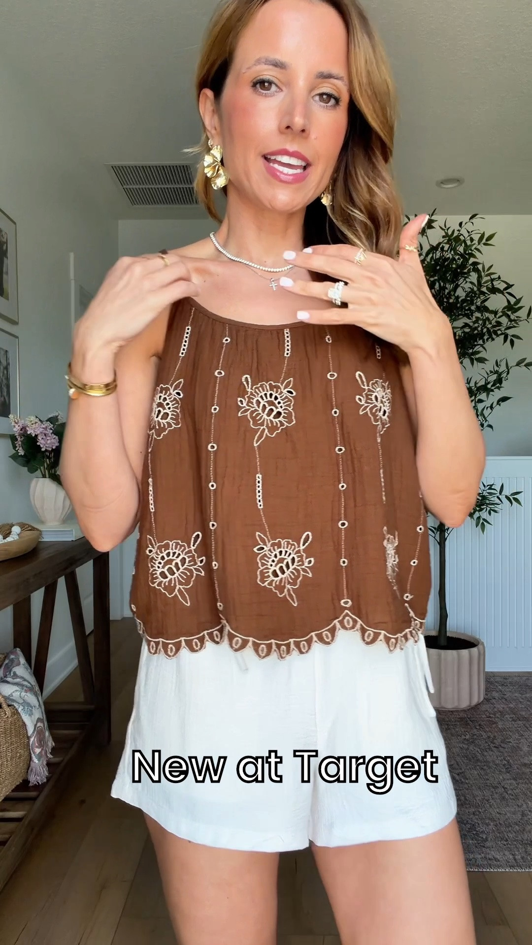 New summer arrivals at Target! I love this embroidered cami top - wearing XS. Could size down. Wearing XS in wrinkle resistant shorts. Neutral outfit. Summer outfit. Vacation outfit. Elevated casual outfit. Mom outfit. Casual outfit.

#LTKootd #LTKgrwm #LTKTravel