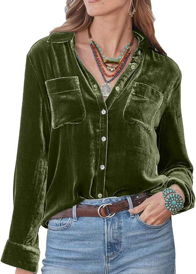 NUOREE Womens Regular Fit Velvet Button Down Shirts Boyfriend Long Sleeve Blouses Tops | Amazon (US)