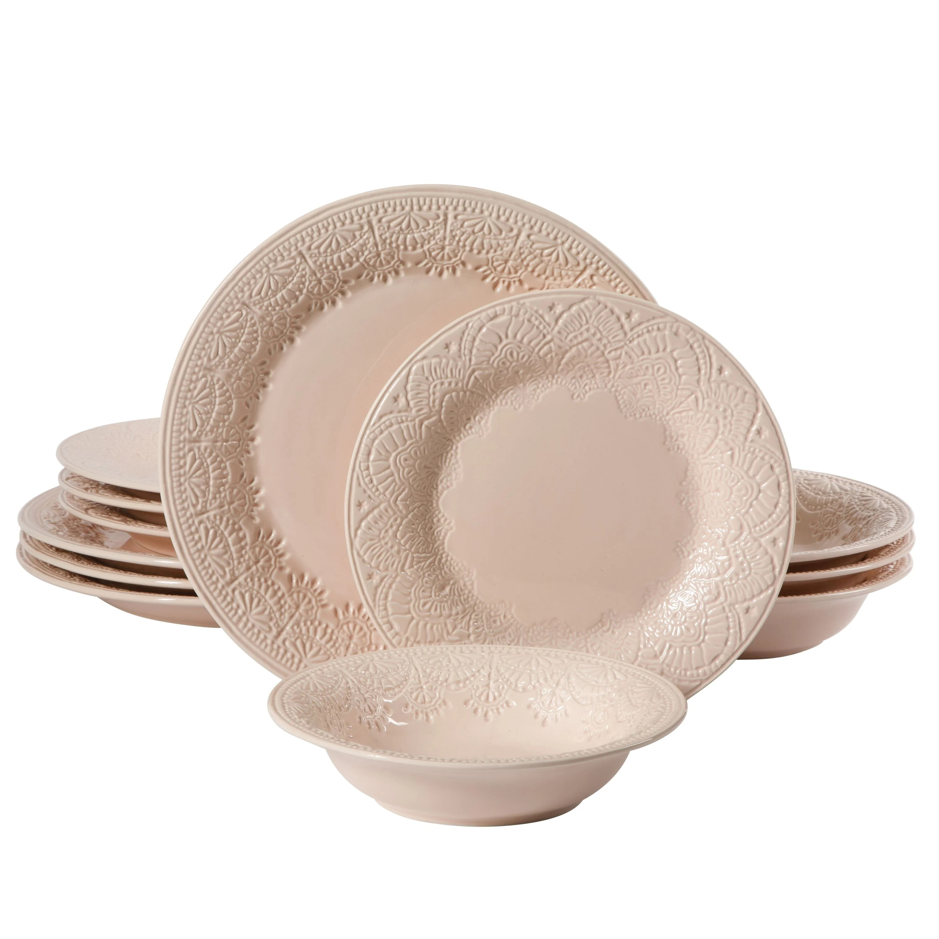 The Pioneer Woman Vintage Lace 12-Piece Ceramic Dinnerware Set, Pink | Walmart (US)