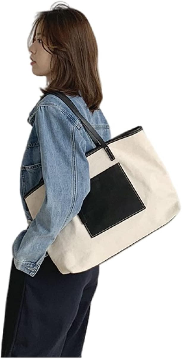 Large Canvas Handbag Design Casual Trend Simple PU Stitching Canvas Shoulder Bag Ladies Shopping ... | Amazon (US)
