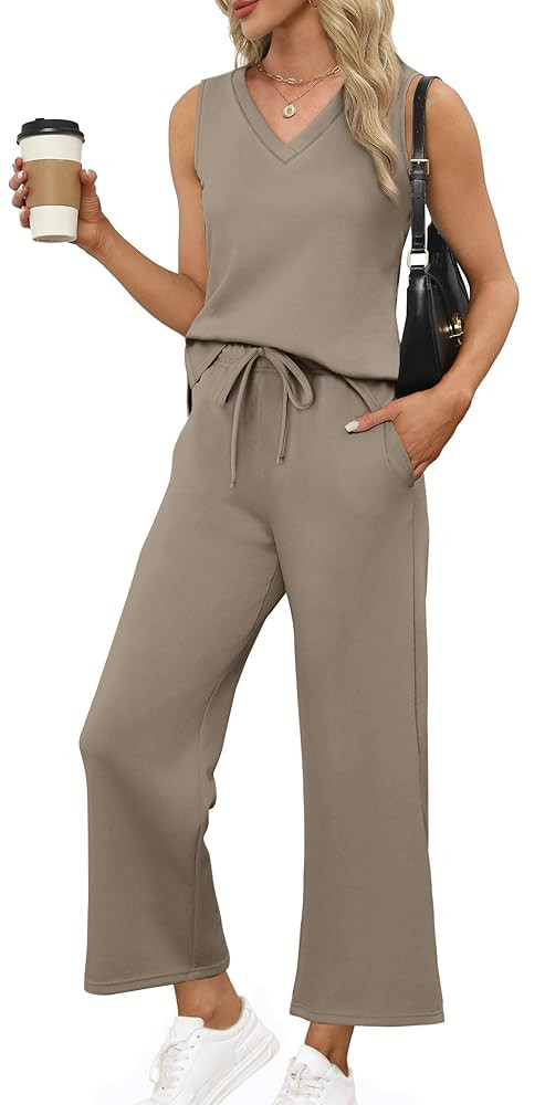 XIEERDUO Two Piece Sets for Women Summer Vacation Travel Outfits V Neck Lounge Matching Sets | Amazon (US)