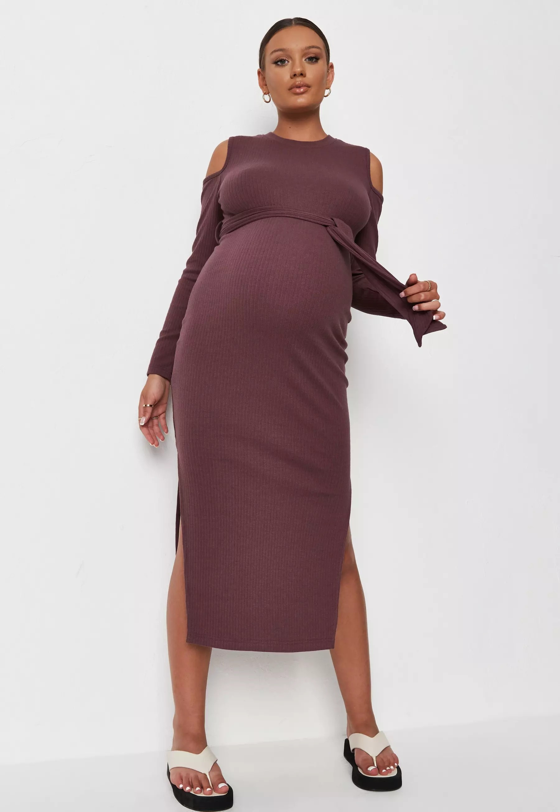 Chocolate Rib Belted Cold Shoulder Maternity Midi Dress | Missguided (US & CA)