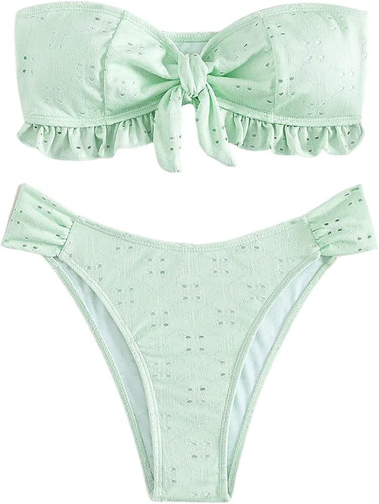 WDIRARA Women's Ruffle Knot Front Bandeau Bikini Set 2 Piece Strapless Swimsuit | Amazon (US)