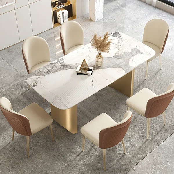 Dashona White Rectangular Sintered Stone Dining Table with Double Pedestals | Wayfair North America