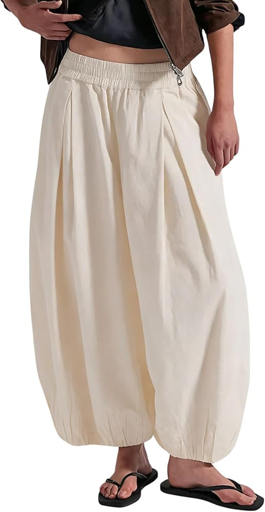 Xiaoxuemeng Baggy Wide Leg Pants Womens Cotton Barrel Pants Low Waist Balloon Pants with Pockets | Amazon (US)