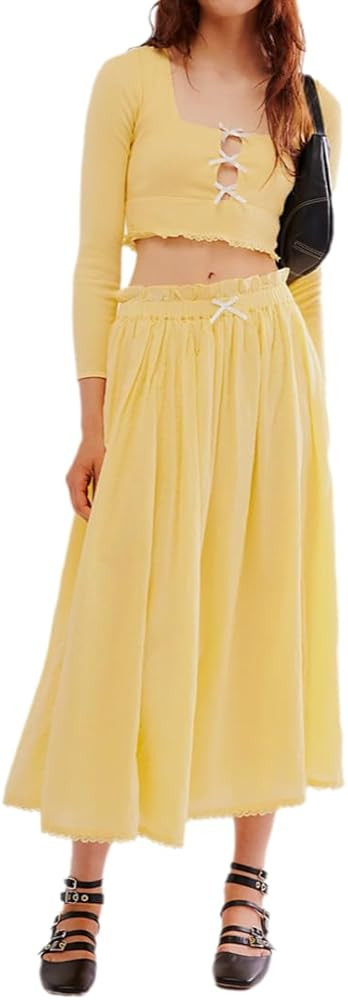 THLAI Women's 2 Piece Casual Sets Long Sleeve Backless Short Top Midi Skirt Solid Outfits | Amazon (US)
