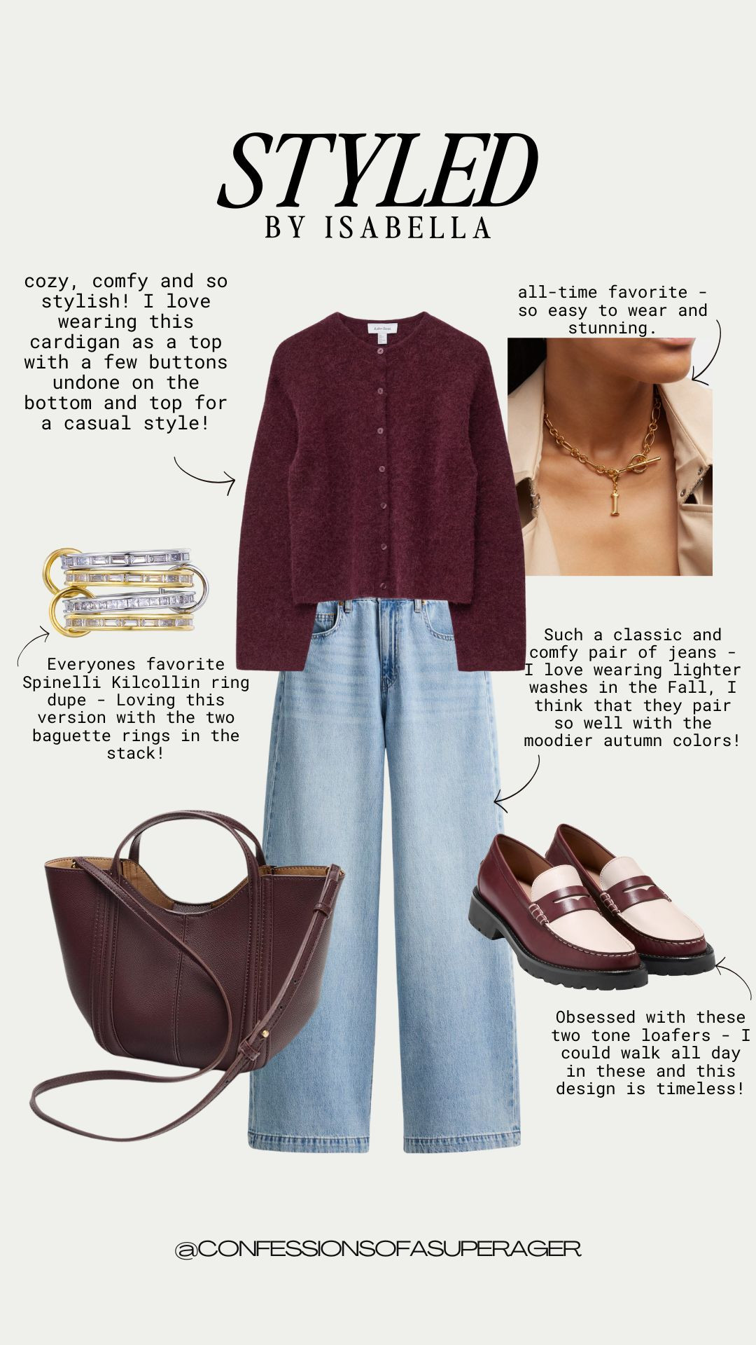 This casual fall outfit idea is one of my go-to looks for everyday style — classic, comfy, and polished. I styled a burgundy button-up cardigan as a top (so chic with a few buttons undone!) paired with light wash jeans that feel fresh for fall and balance the rich autumn tones.

To elevate the look, I added two-tone loafers (timeless + walkable all day), a structured burgundy tote bag, and jewelry favorites like the Spinelli Kilcollin dupe ring + a chunky gold chain necklace. ✨

This outfit is perfect for coffee runs, weekend brunch, or a polished casual Friday look. 

 #FallOutfitInspo #FallFashion2025 #CasualChicStyle #Over40Style #FallWardrobeEssentials #CozyChic #OOTDinspo #CapsuleWardrobeStyle #LoaferOutfits #LTKFallFashion #ConfessionsOfASuperager #LTKFallSale #LTKSeasonal #LTKStyleTip