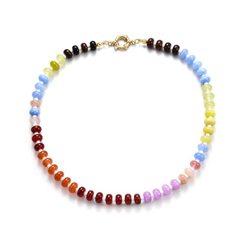 Qitian Beaded Gemstone Necklace for Women, Colorful Rainbow Boho Bead Choker Necklace Natural Sto... | Amazon (US)