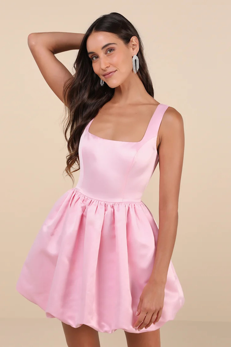 Regal Cutie Light Pink Satin Square Neck Bubble-Hem Mini Dress | Lulus