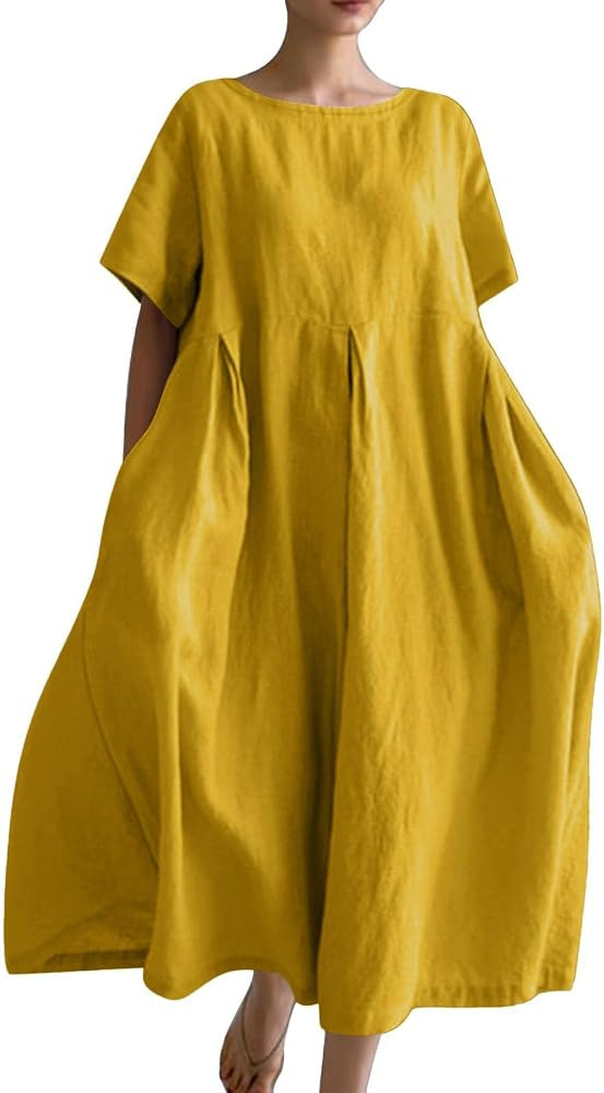 Akivide Womens Plus Size Casual Flowy Cotton Linen Dresses Short Sleeve Crewneck Loose Summer Max... | Amazon (US)