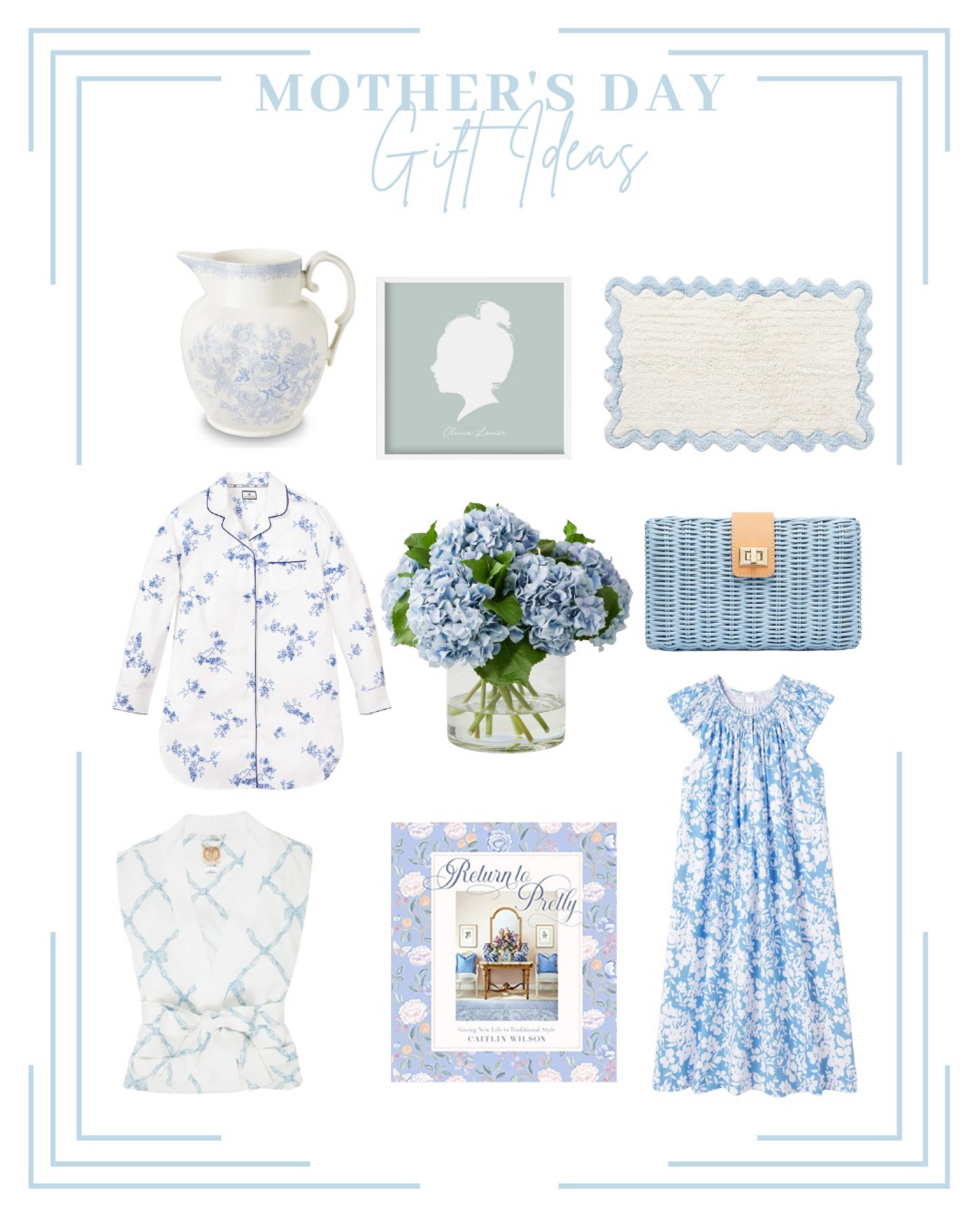 Gift Ideas for mothers and mother in laws! Get the perfect Mother’s Day gift for those that love classic style with a beautiful blue theme! Featuring:
- Return to Pretty book
- Blue and white  Aesiatic Pheasants Vase
- Womens Indigo Floral Nightshirt
- Ready or Knot Robe in Buckhead Blue
- pima Peña Smocked Maternity Nightgown
- Real looking Faux Blue Hydrangea with fake water and vase
- Katy Lu clutch blue wicker - perfect for spring and summer 
- custom gift modern silhouette portrait 

#LTKGiftGuide #LTKfamily #LTKSeasonal
