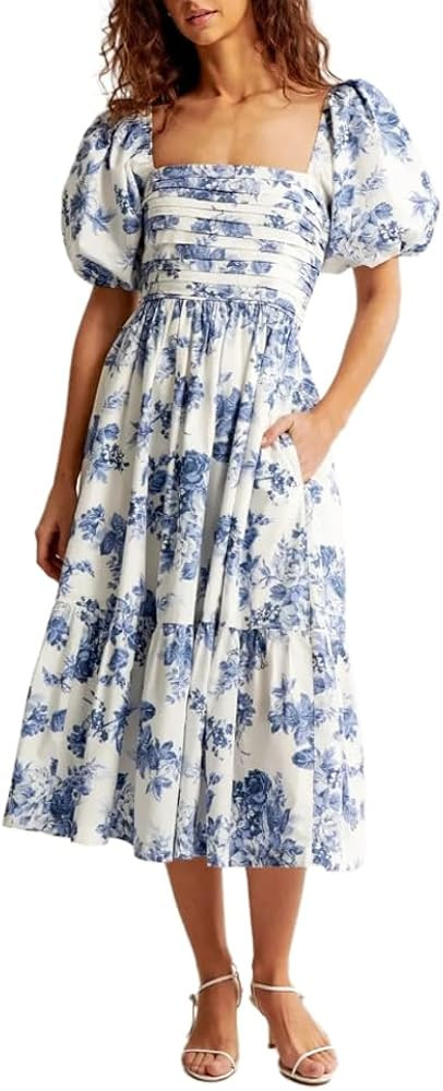 Puff Sleeve Midi Dress, Women's Summer Casual Flowy Beach Floral Ruffle Hem Maxi Dresses | Amazon (US)