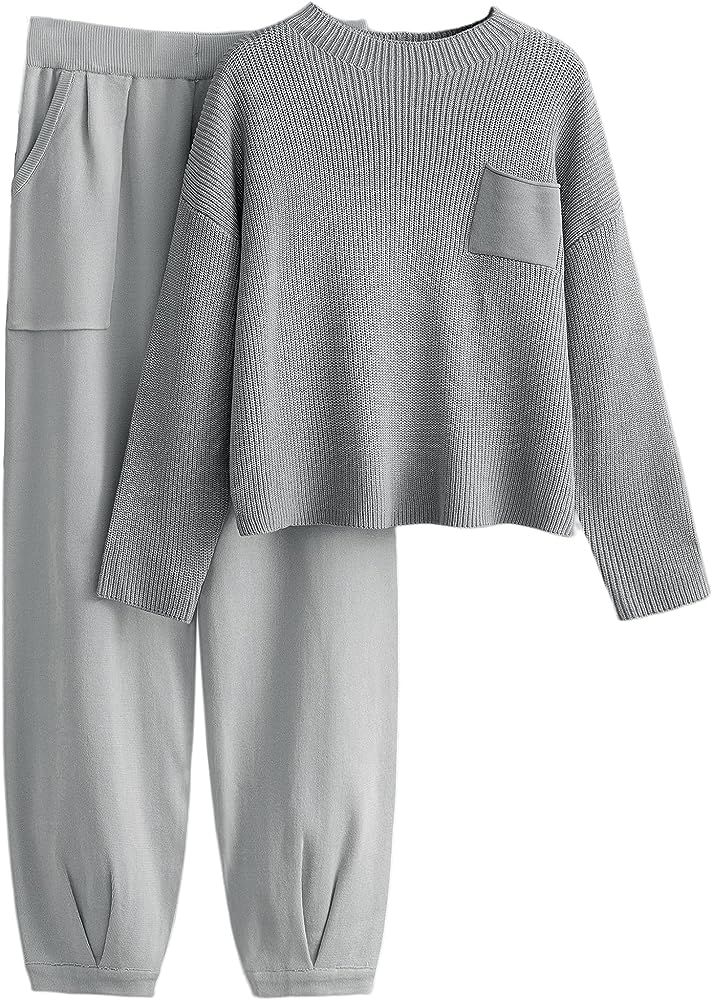 Zaxqunty Sweater Sets Women 2 Piece Outfits Long Sleeve Knit Tops and Loose Pants Lounge Sets | Amazon (US)