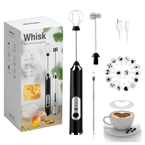 JrundMsoxz Rechargeable Milk Frother, 3-Speed Electric Handheld Frother for Coffee with 2 Whisks and Coffee Decoration Tool, Coffee Frother Mixer, Stand-up Design, for Cream, Latte, Cappuccino (Black) | Amazon (US)